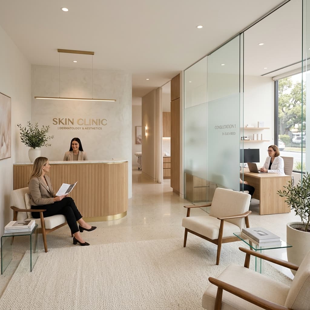 Friendly dermatologist consulting with a smiling patient in a modern, bright clinic room